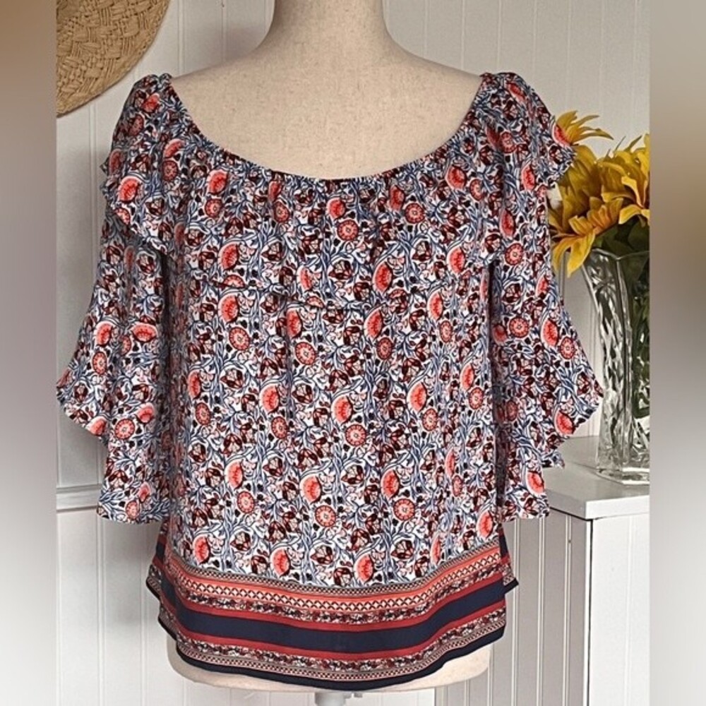 Floral Off-Shoulder Boho Blouse – Ruffle Sleeve | NWT